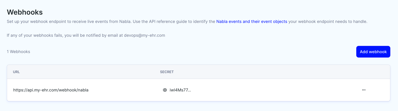 Example webhook created on the API Admin Console