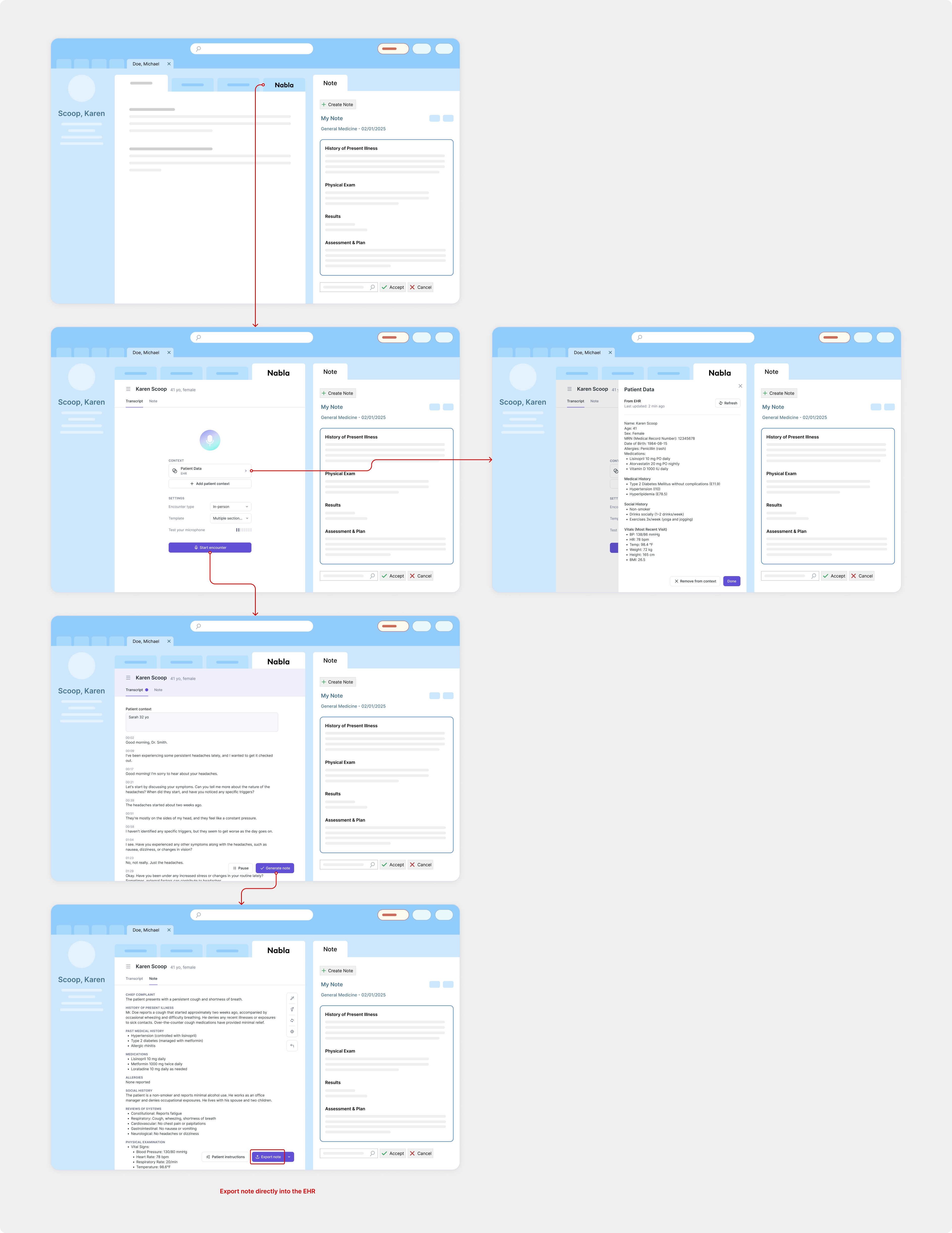 Provider flow: open Nabla from the EHR, document the encounter, and export the note back